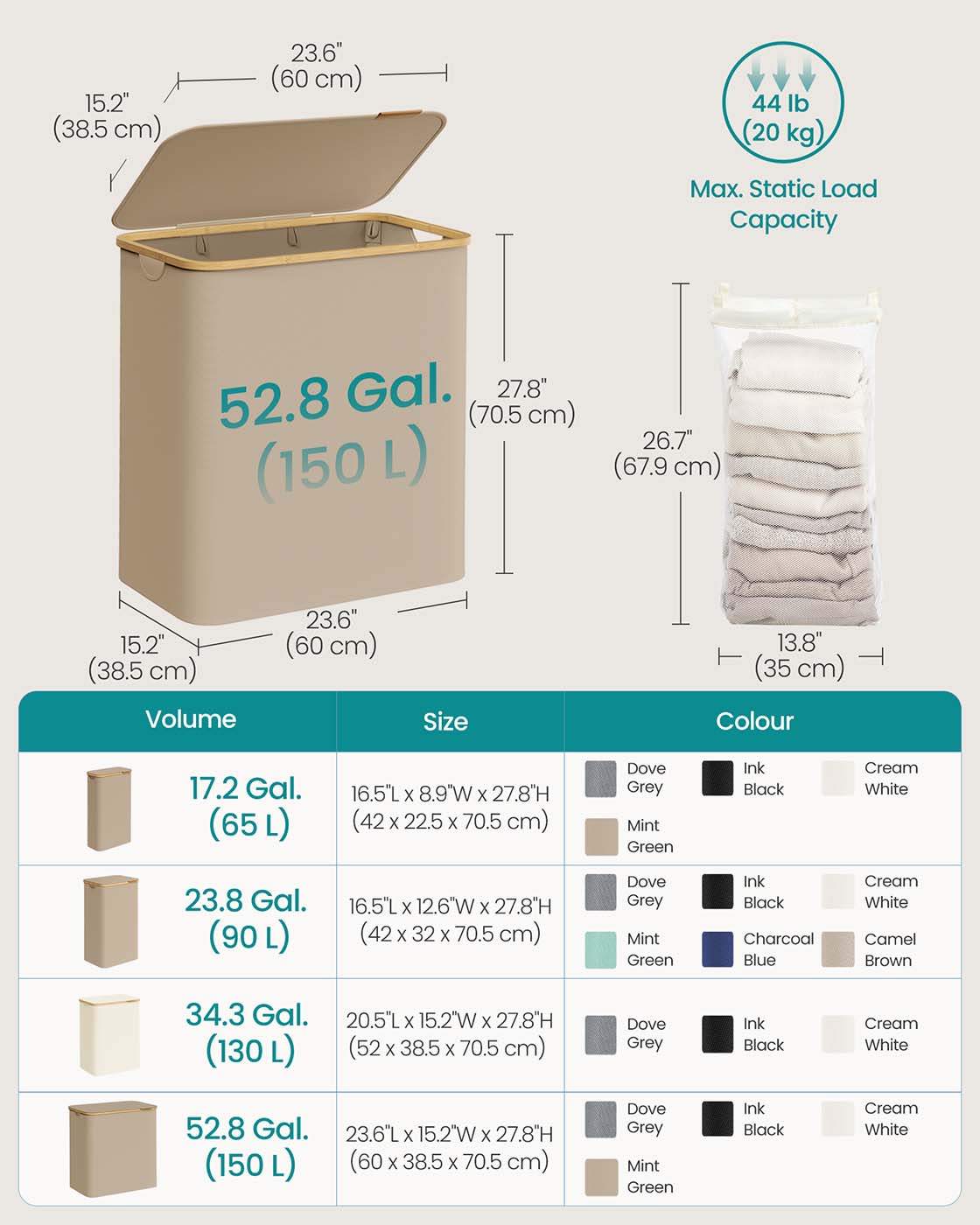 Laundry Basket – Oxford Fabric – Camel Brown – 52.8 Gallons, Collapsible with Lid and Removable Mesh Liner