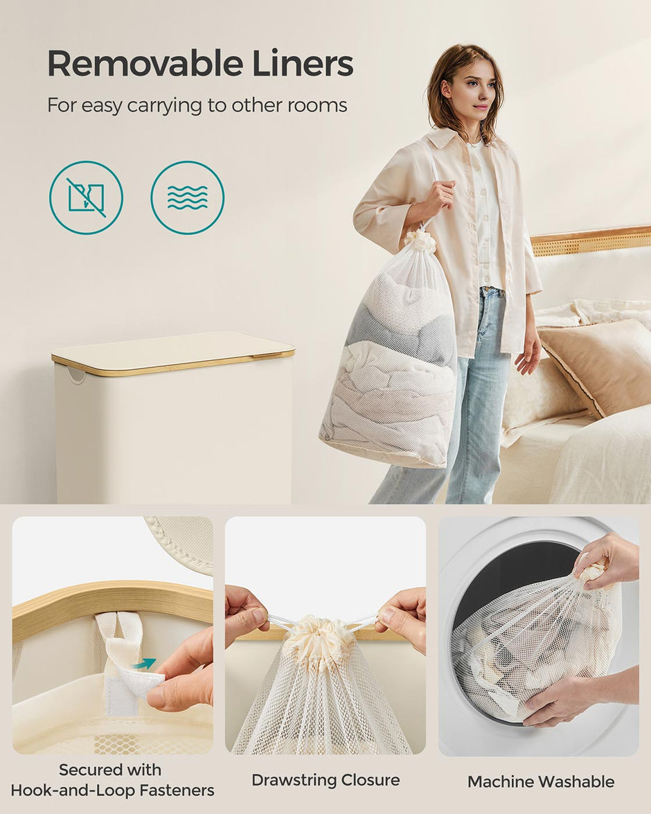 Laundry Basket – Oxford Fabric – Cream White – 150L, Removable Mesh Liner, Collapsible