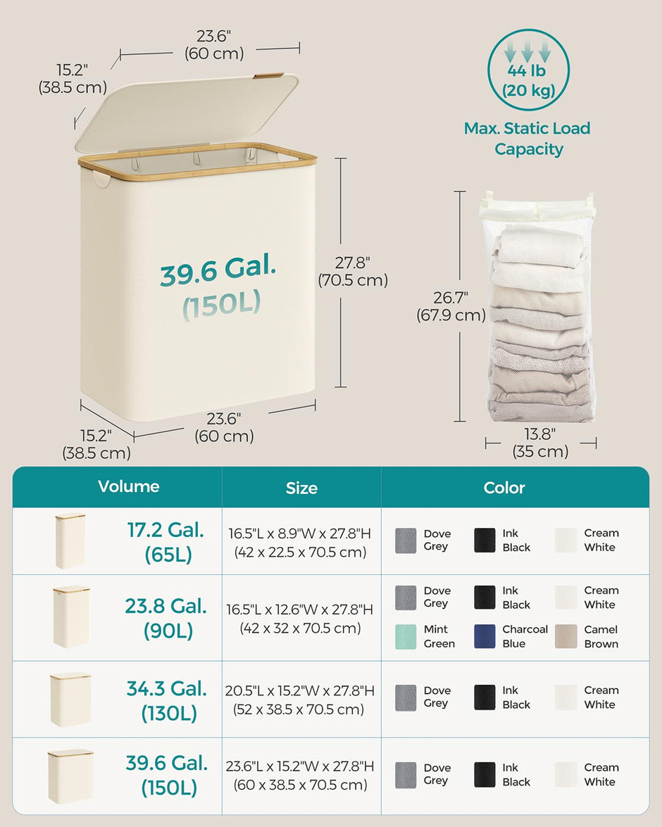Laundry Basket – Oxford Fabric – Cream White – 150L, Removable Mesh Liner, Collapsible