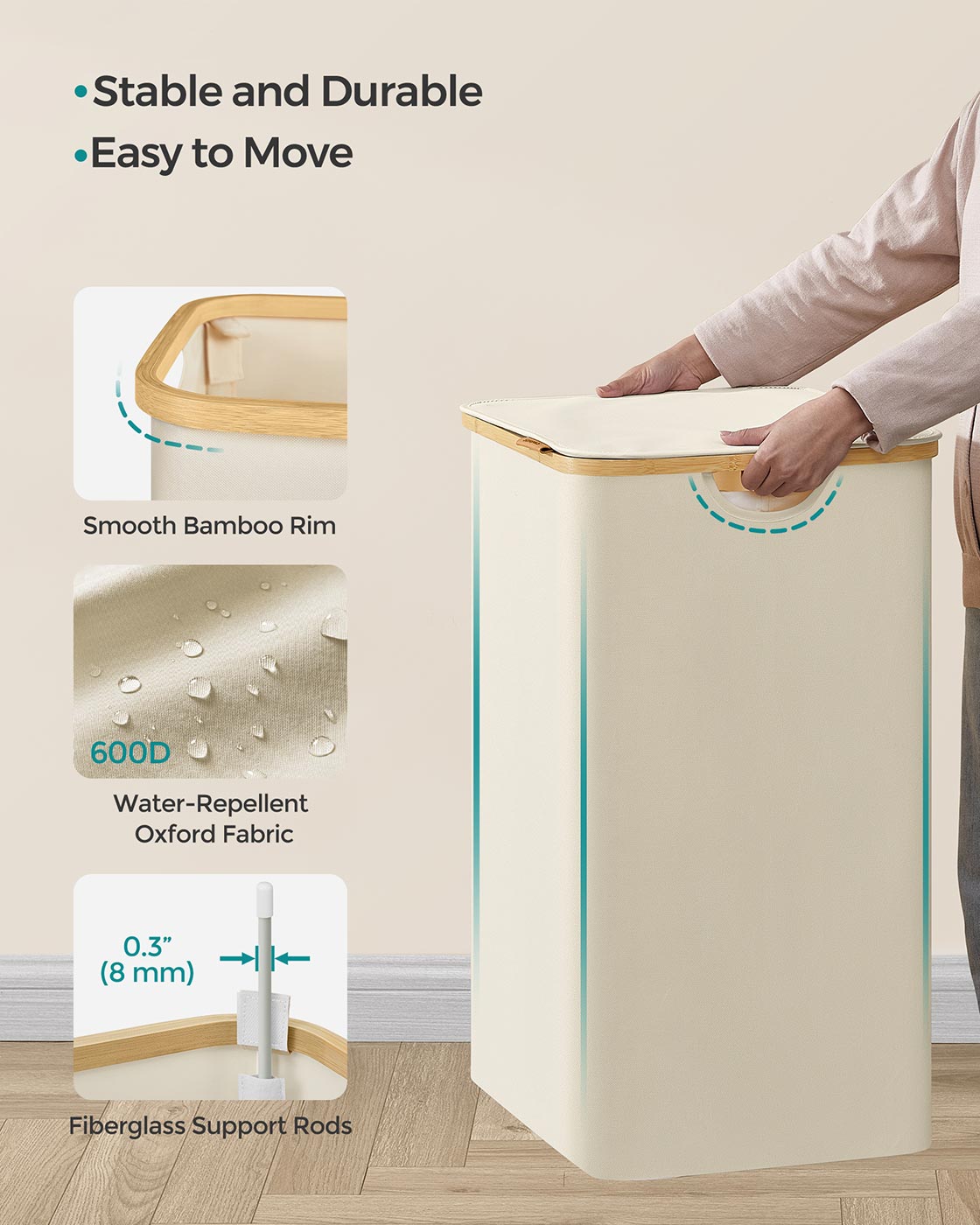 Laundry Basket – Oxford Fabric – Cream White – 150L, Removable Mesh Liner, Collapsible
