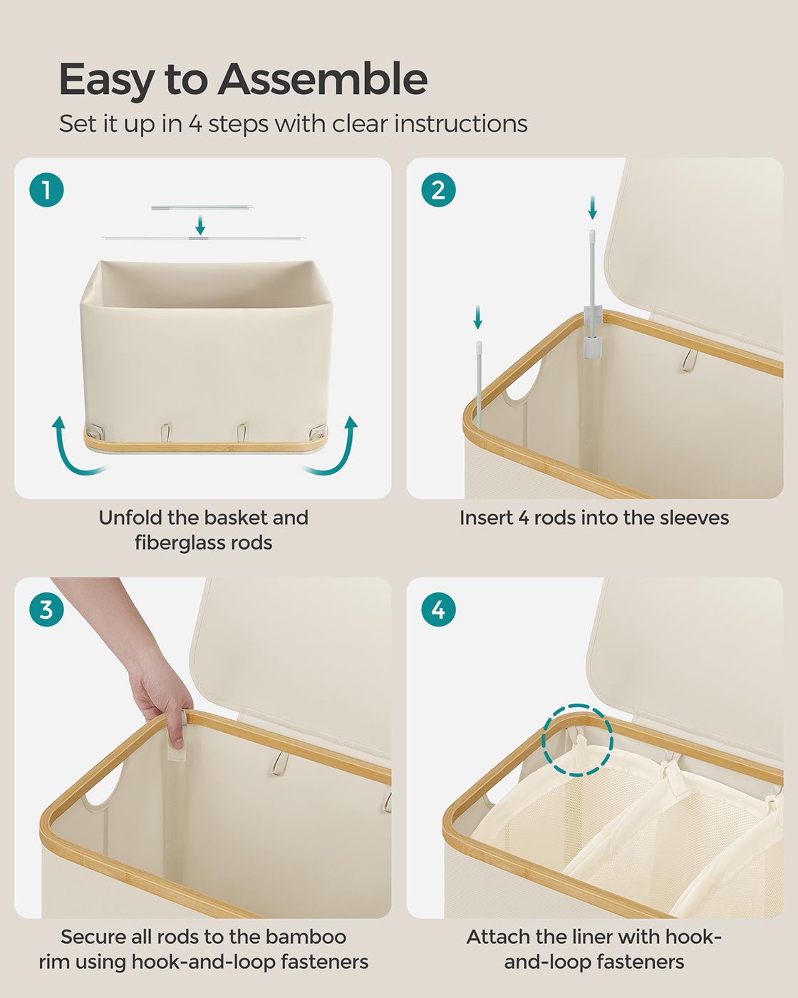 Laundry Basket – Oxford Fabric – Cream White – 150L, Removable Mesh Liner, Collapsible
