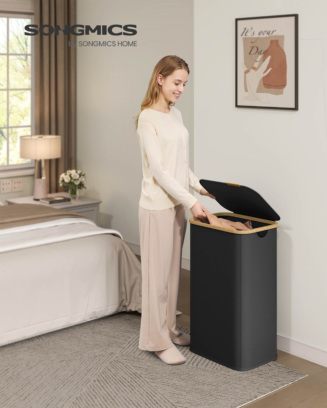Laundry Hamper with Lid - 100L - Oxford Fabric - Foldable - Bamboo Frame
