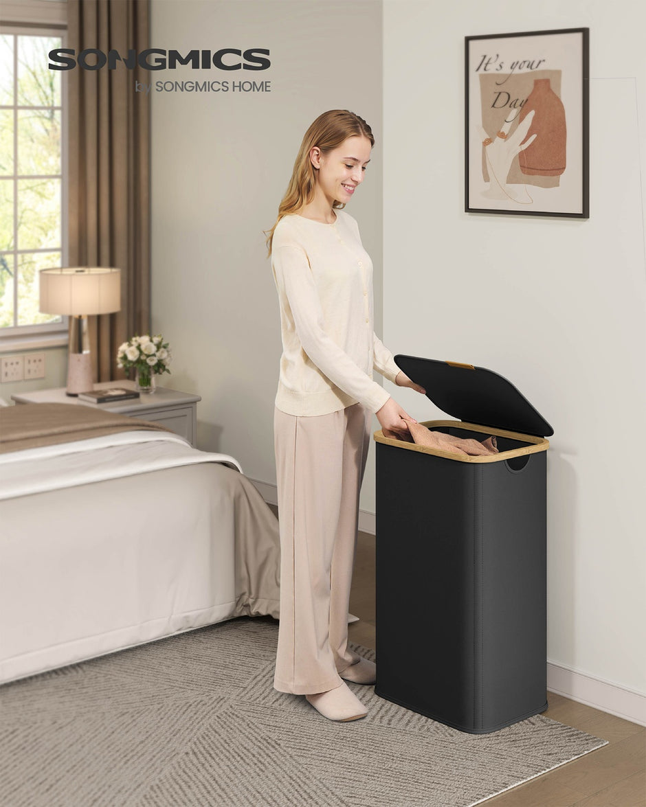 Laundry Hamper with Lid - 100L - Oxford Fabric - Foldable - Bamboo Frame