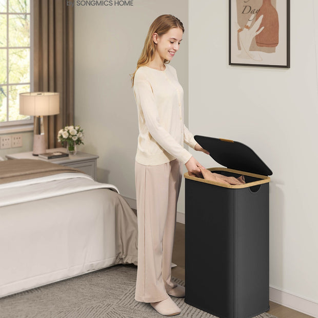 Laundry Hamper with Lid - 100L - Oxford Fabric - Foldable - Bamboo Frame