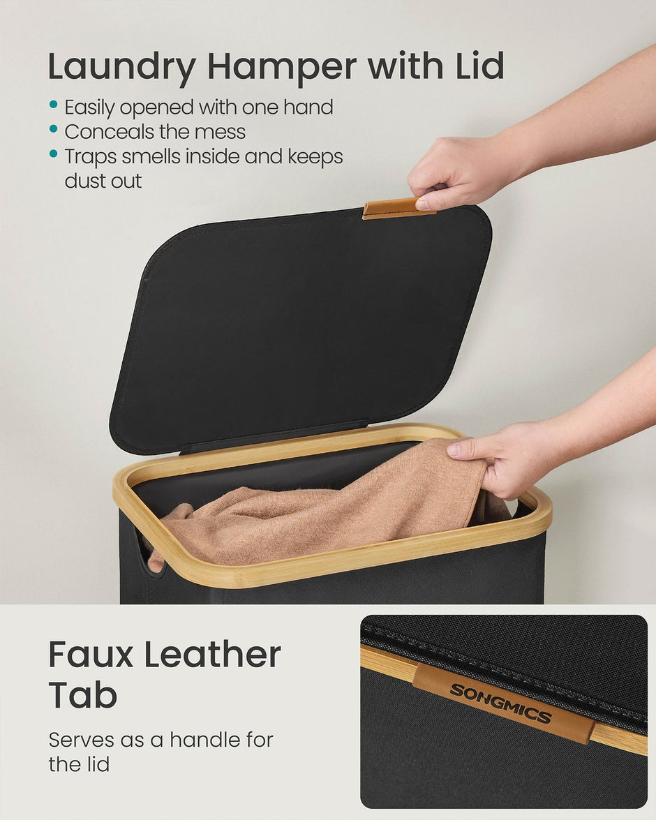 Laundry Hamper with Lid - 100L - Oxford Fabric - Foldable - Bamboo Frame