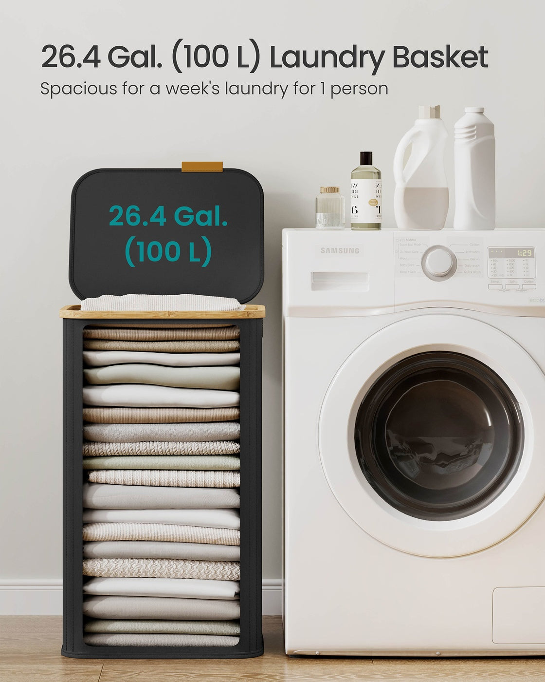 Laundry Hamper with Lid - 100L - Oxford Fabric - Foldable - Bamboo Frame