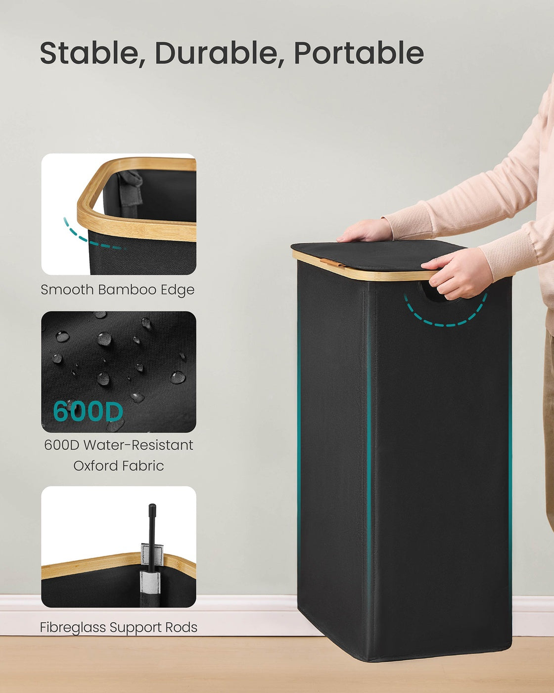 Laundry Hamper with Lid - 100L - Oxford Fabric - Foldable - Bamboo Frame