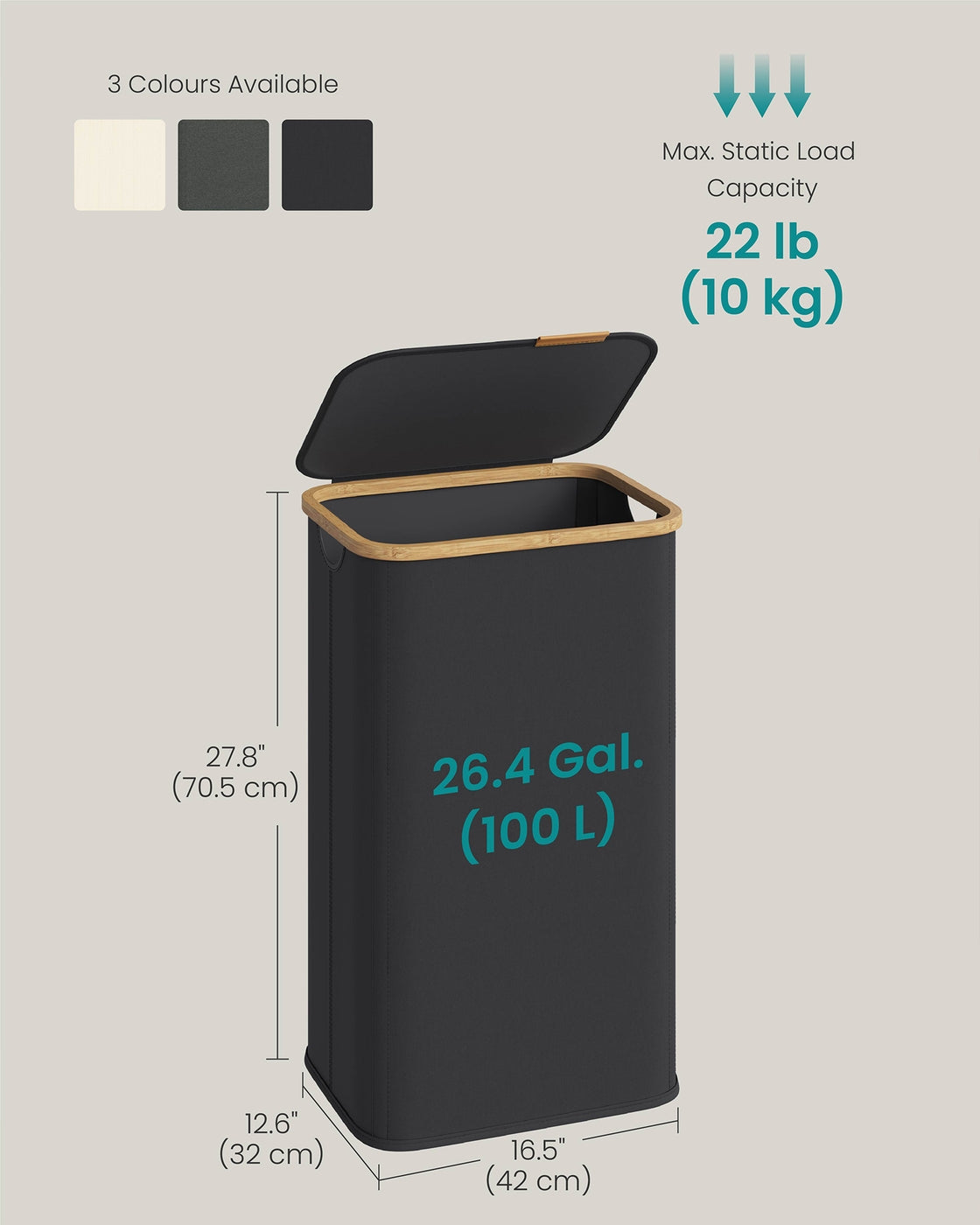 Laundry Hamper with Lid - 100L - Oxford Fabric - Foldable - Bamboo Frame