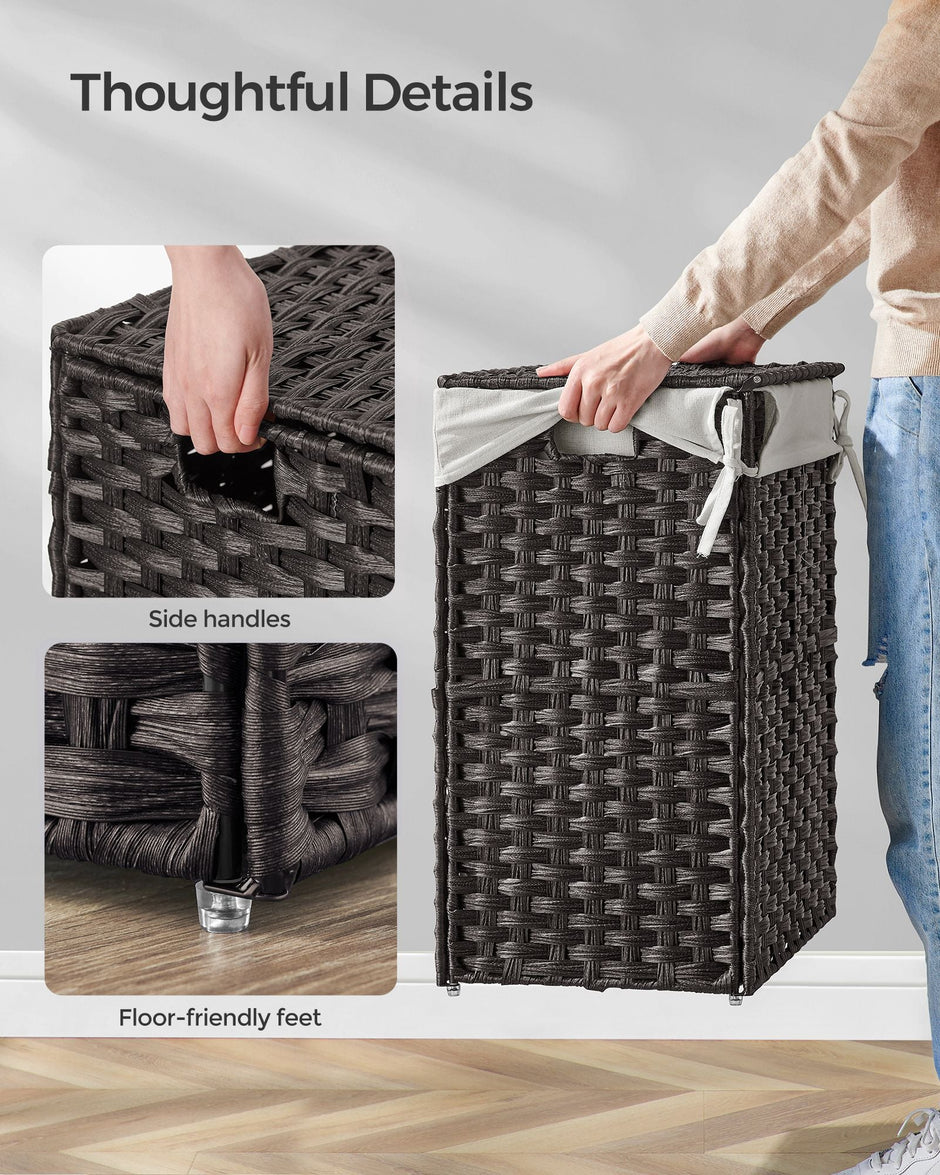 Laundry Basket – Synthetic Rattan Wicker – Natural – 90L Capacity, Foldable with Lid and Removable Liner Bag