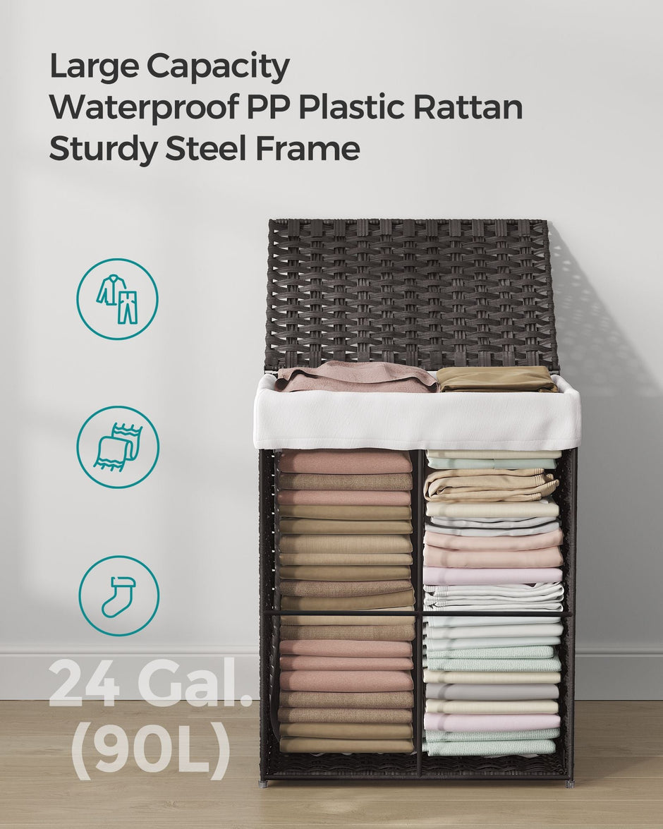 Laundry Basket – Synthetic Rattan Wicker – Natural – 90L Capacity, Foldable with Lid and Removable Liner Bag