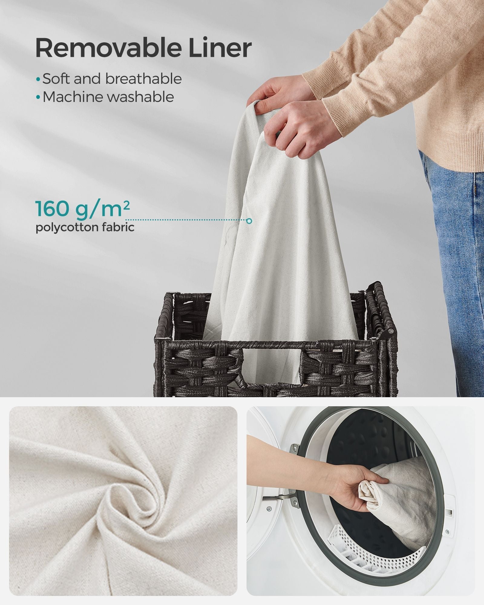 Laundry Basket – Synthetic Rattan Wicker – Natural – 90L Capacity, Foldable with Lid and Removable Liner Bag
