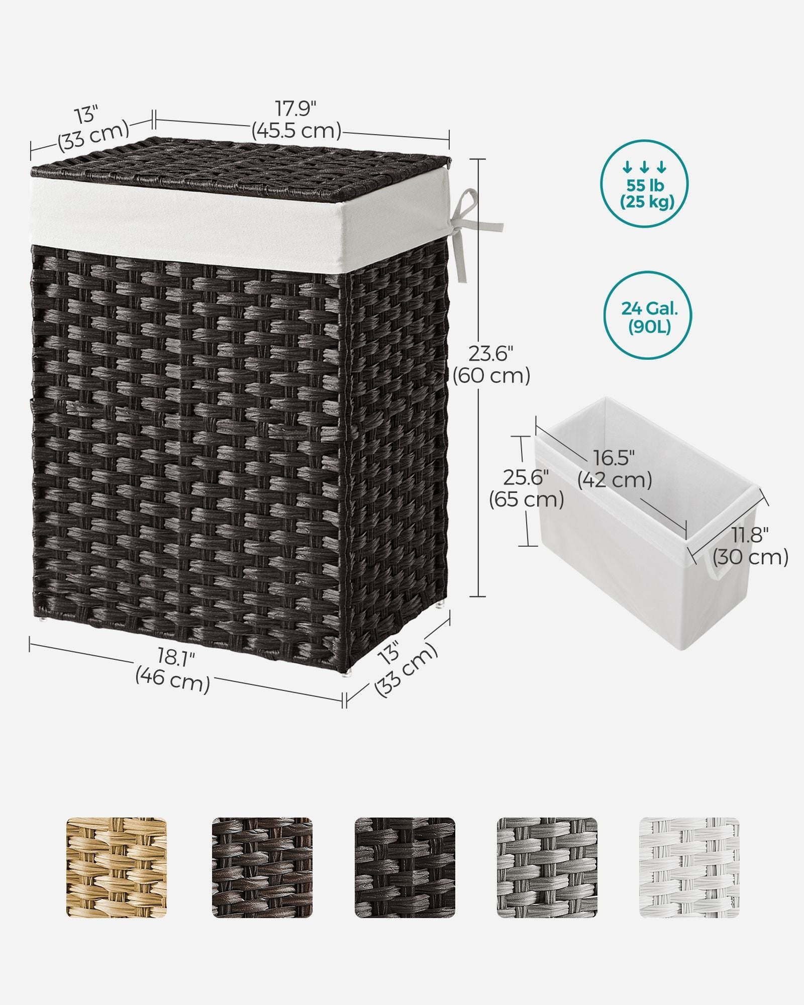 Laundry Basket – Synthetic Rattan Wicker – Natural – 90L Capacity, Foldable with Lid and Removable Liner Bag