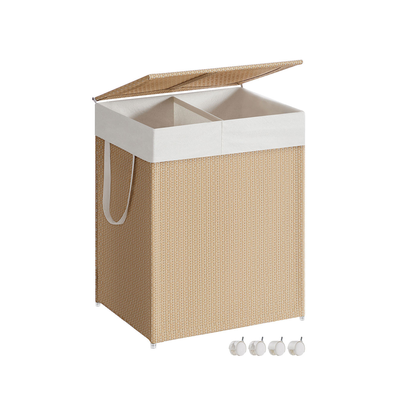 Laundry Basket – Fabric – Natural Beige and Matte White – Dual Compartment with Lid and Wheels