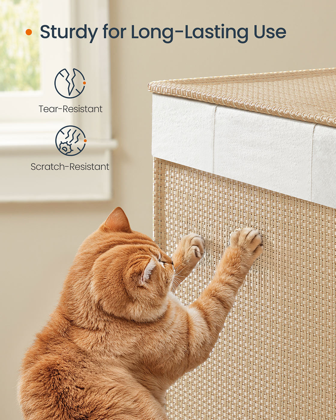 Laundry Basket – Fabric – Natural Beige and Matte White – Dual Compartment with Lid and Wheels