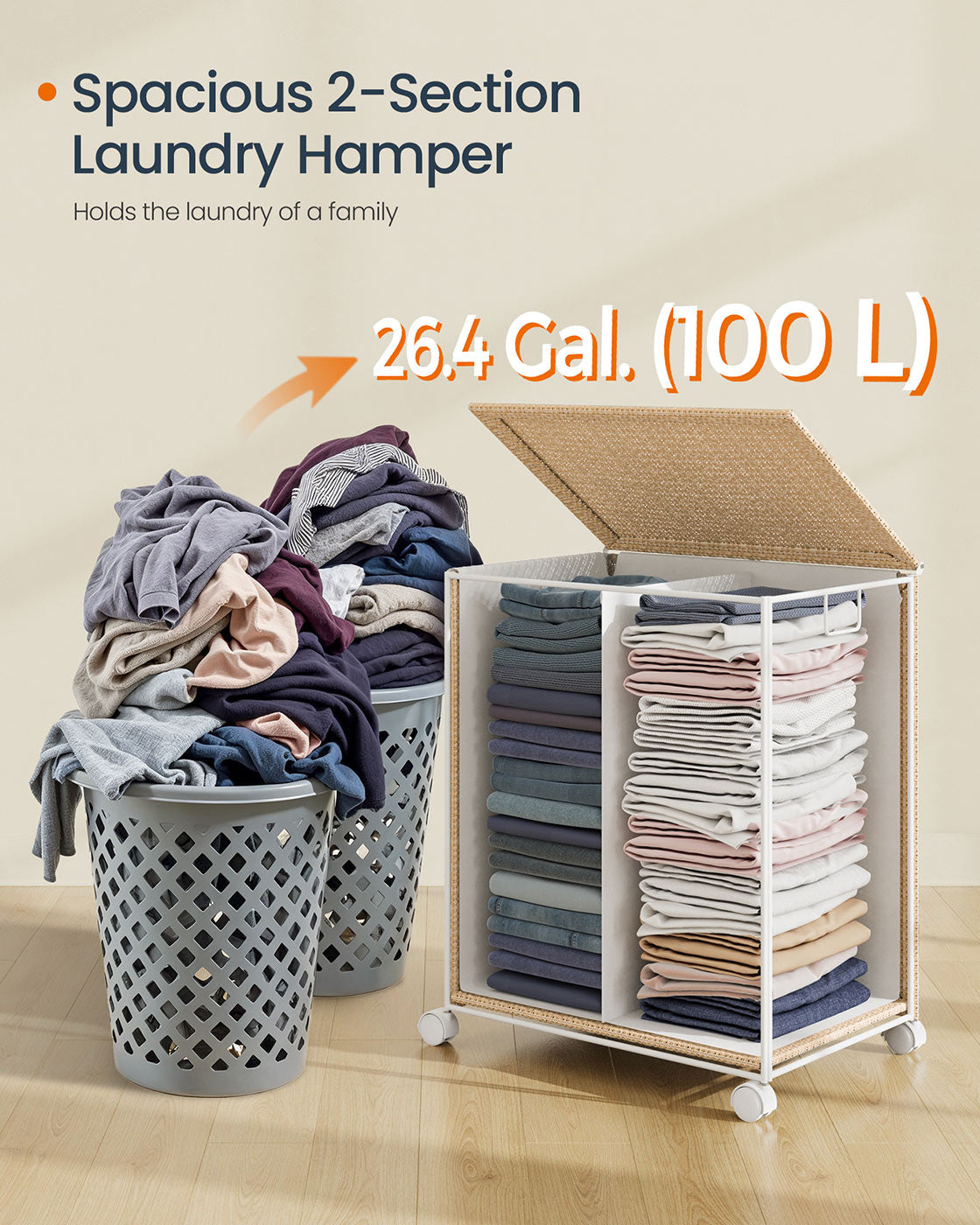 Laundry Basket – Fabric – Natural Beige and Matte White – Dual Compartment with Lid and Wheels