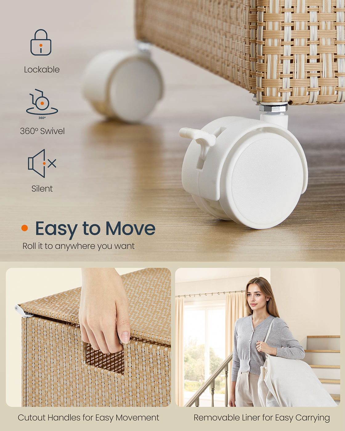 Laundry Basket – Fabric – Natural Beige and Matte White – Dual Compartment with Lid and Wheels