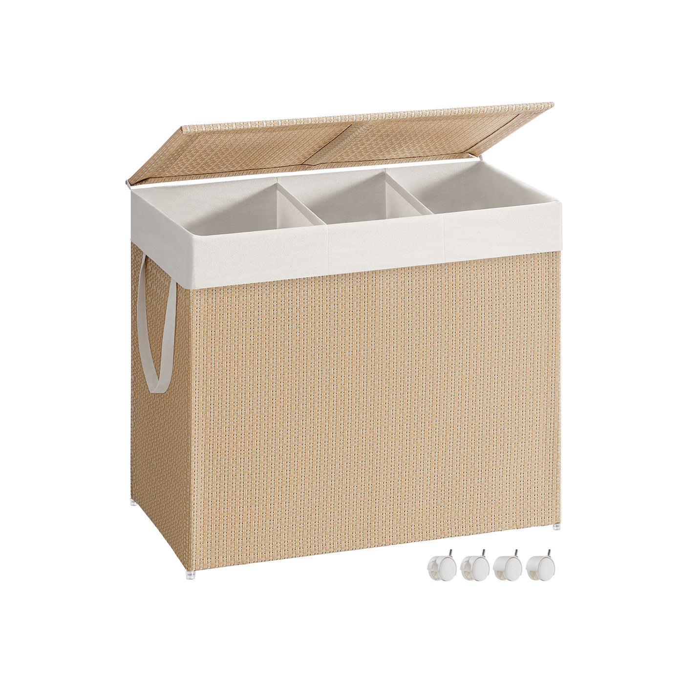 Laundry Basket – Fabric – Natural Beige and Matte White – 3 Compartments with Lid and Removable Liner