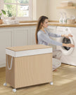 Laundry Basket – Fabric – Natural Beige and Matte White – 3 Compartments with Lid and Removable Liner
