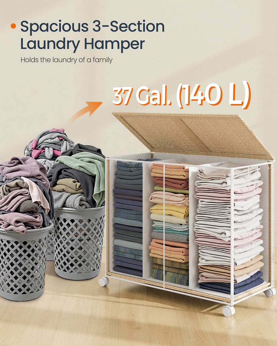 Laundry Basket – Fabric – Natural Beige and Matte White – 3 Compartments with Lid and Removable Liner
