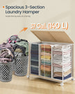 Laundry Basket – Fabric – Natural Beige and Matte White – 3 Compartments with Lid and Removable Liner