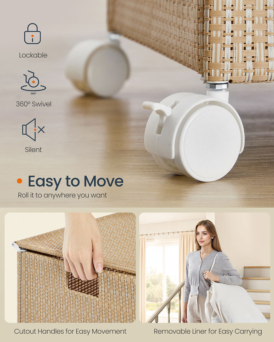 Laundry Basket – Fabric – Natural Beige and Matte White – 3 Compartments with Lid and Removable Liner