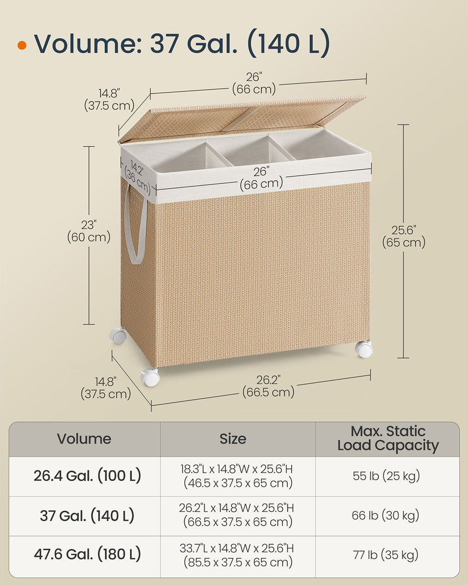 Laundry Basket – Fabric – Natural Beige and Matte White – 3 Compartments with Lid and Removable Liner