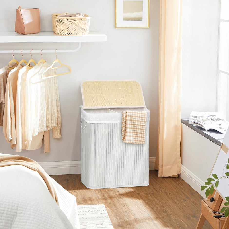 2 Sections Laundry Basket – Bamboo – Natural – XXL 100L with Removable Washable Lining