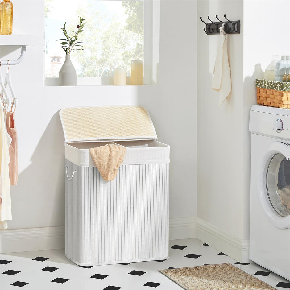 2 Sections Laundry Basket – Bamboo – Natural – XXL 100L with Removable Washable Lining
