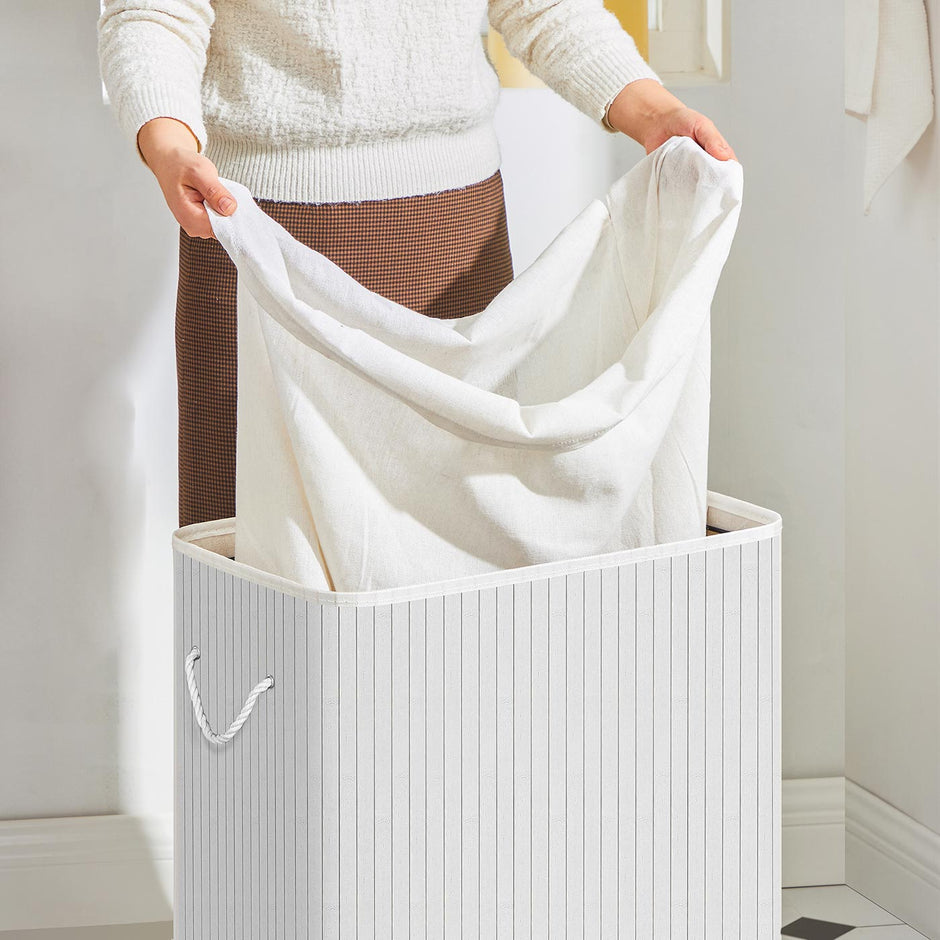 2 Sections Laundry Basket – Bamboo – Natural – XXL 100L with Removable Washable Lining