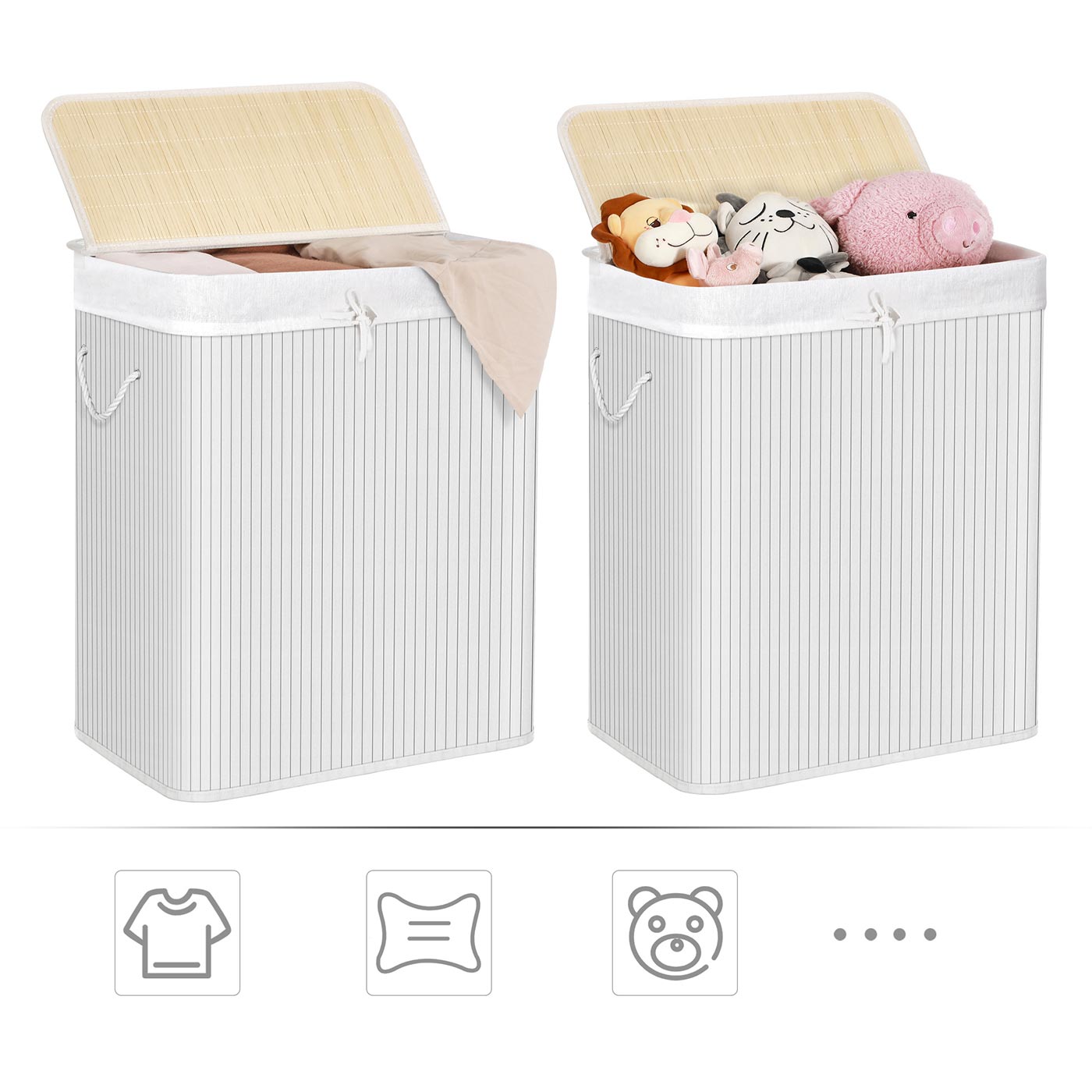 2 Sections Laundry Basket – Bamboo – Natural – XXL 100L with Removable Washable Lining