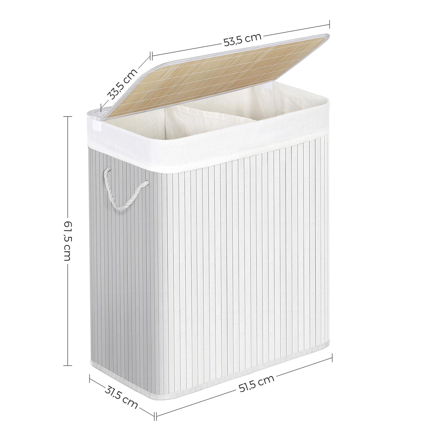 2 Sections Laundry Basket – Bamboo – Natural – XXL 100L with Removable Washable Lining