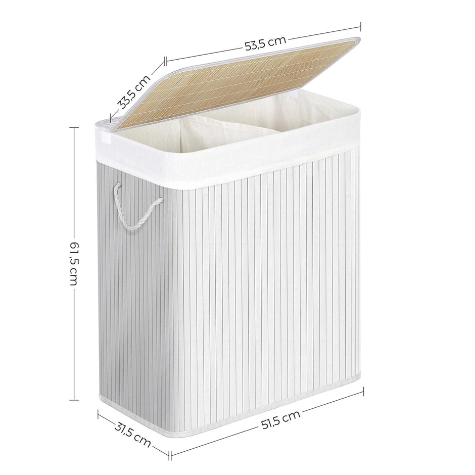 2 Sections Laundry Basket – Bamboo – Natural – XXL 100L with Removable Washable Lining