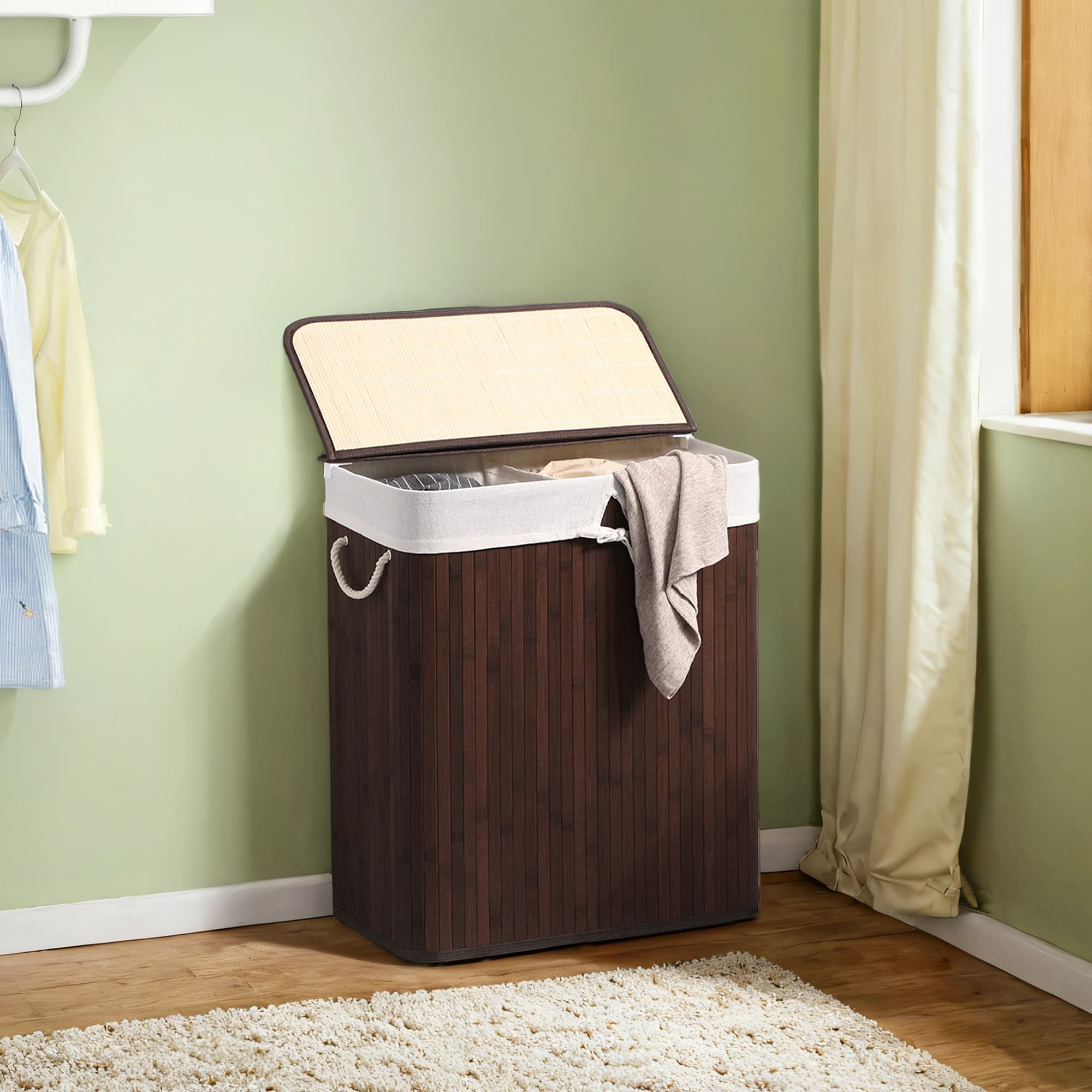 Bamboo Laundry Basket – Brown – Divided with Removable Liner and Handles, Foldable Design
