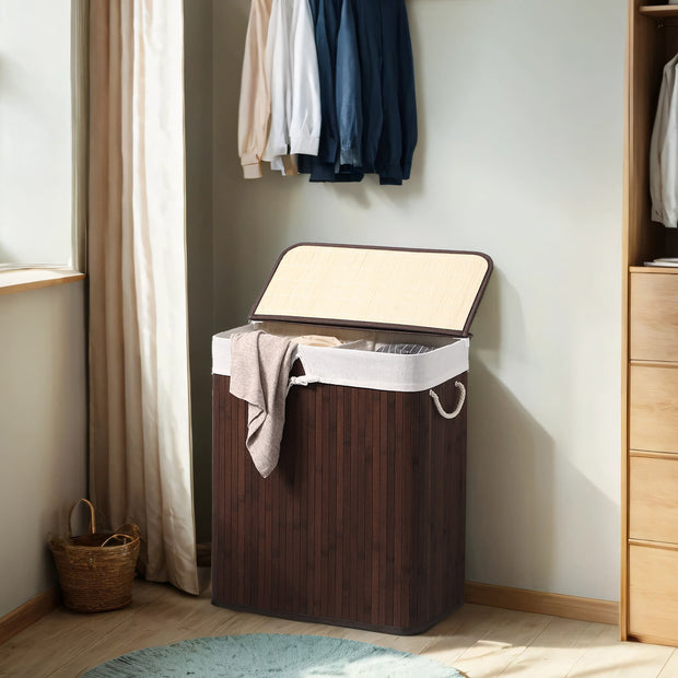 Bamboo Laundry Basket – Brown – Divided with Removable Liner and Handles, Foldable Design