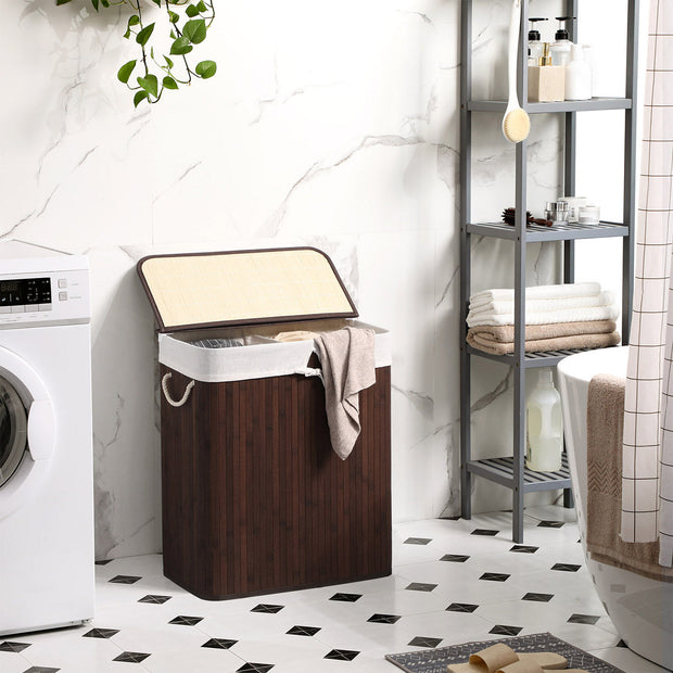 Laundry Basket – Bamboo – Brown – 100L Capacity with Divided Sections and Clip Lid