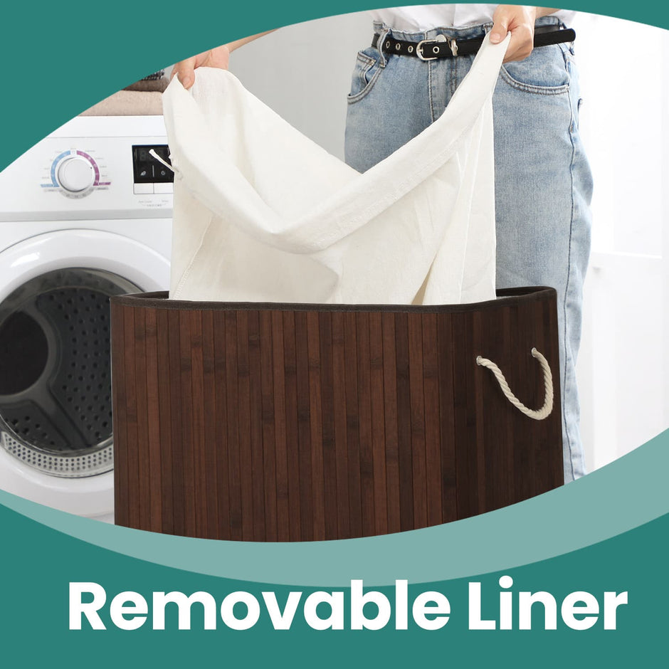 Bamboo Laundry Basket – Brown – Divided with Removable Liner and Handles, Foldable Design