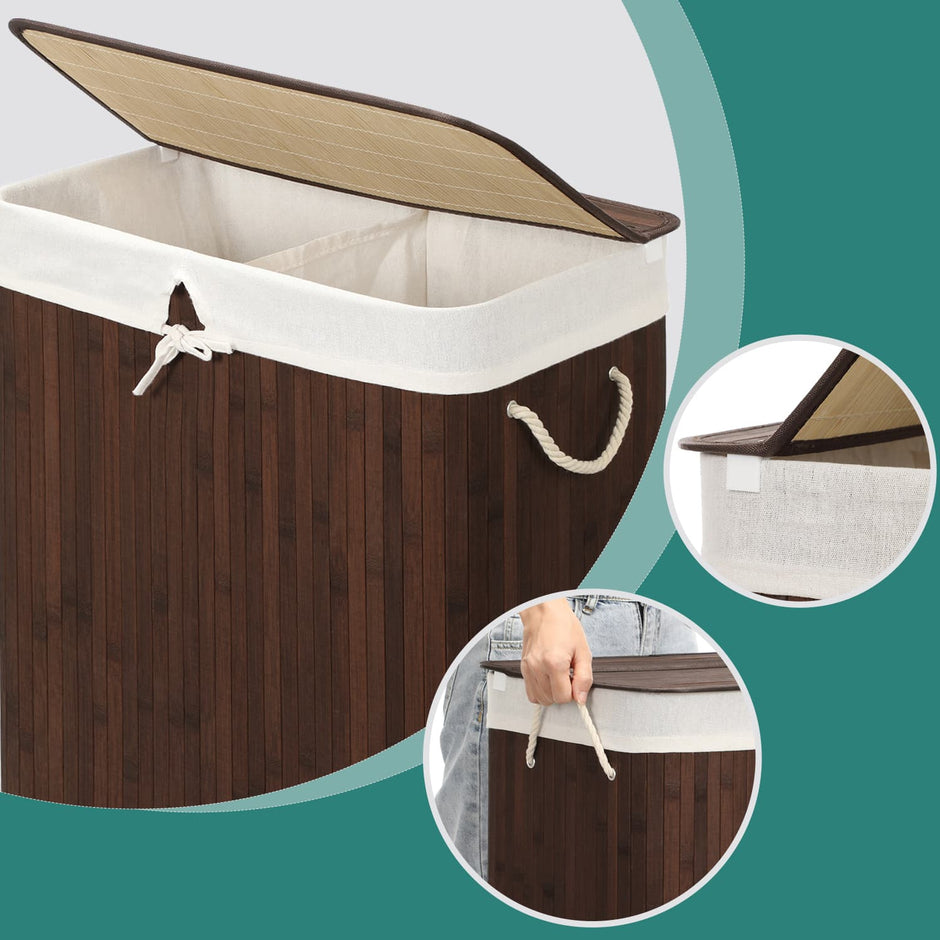 Bamboo Laundry Basket – Brown – Divided with Removable Liner and Handles, Foldable Design