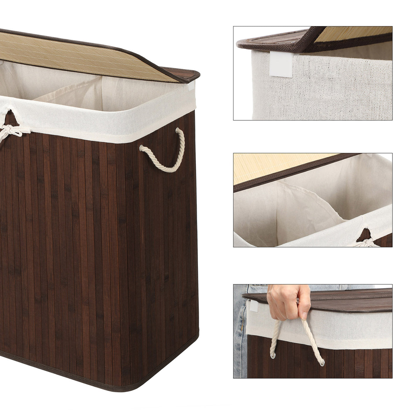 Laundry Basket – Bamboo – Brown – 100L Capacity with Divided Sections and Clip Lid