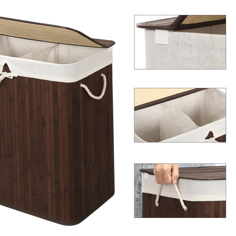 Laundry Basket – Bamboo – Brown – 100L Capacity with Divided Sections and Clip Lid