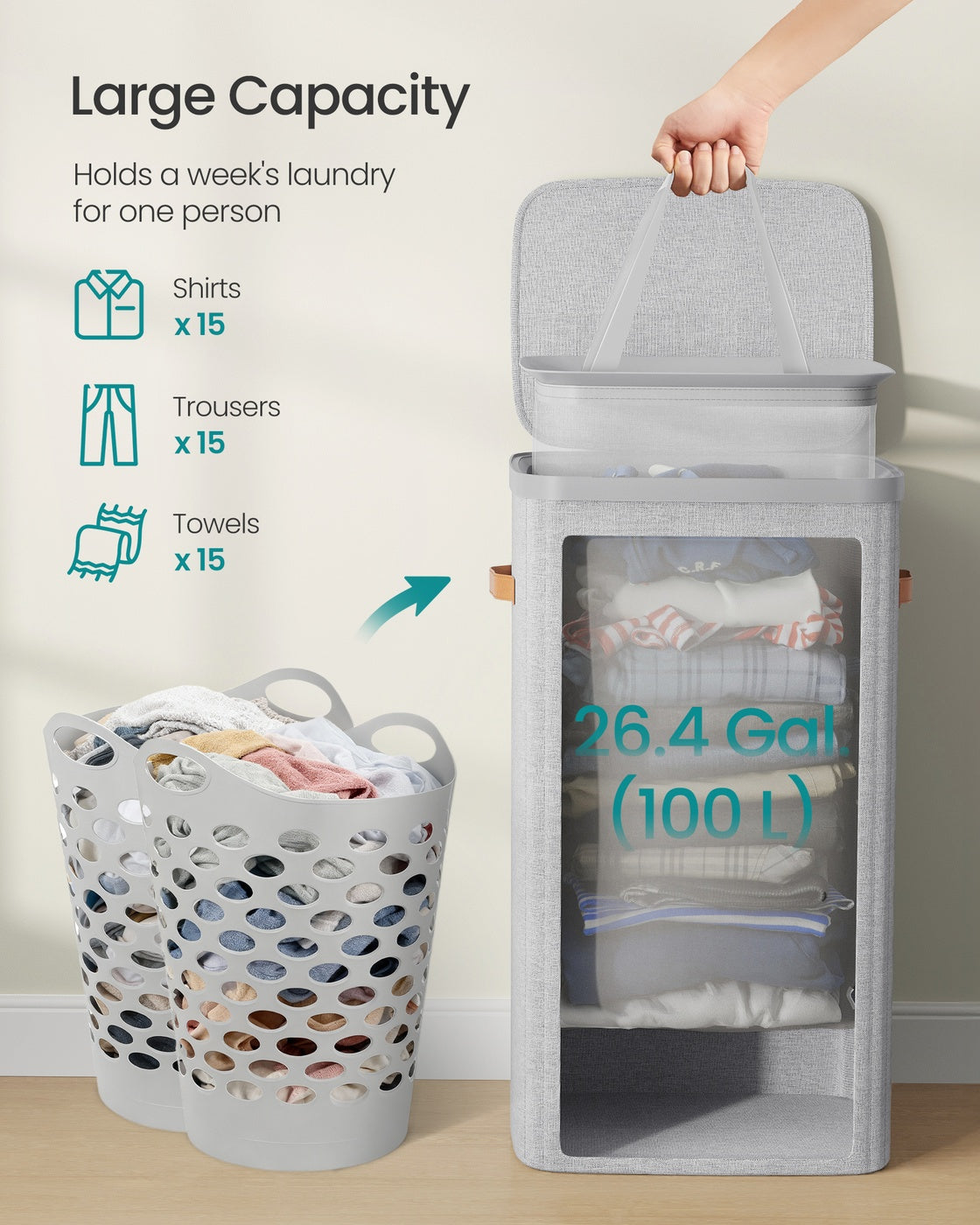 Laundry Basket – Fabric – Dove Grey – 100L Capacity with Lid and Removable Liner
