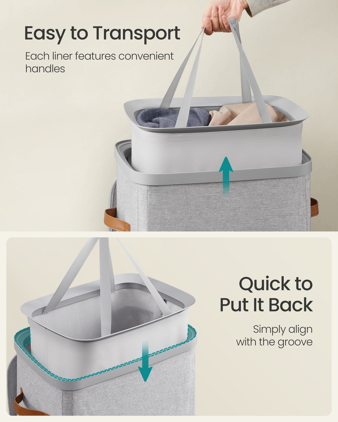 Laundry Basket – Fabric – Dove Grey – 100L Capacity with Lid and Removable Liner