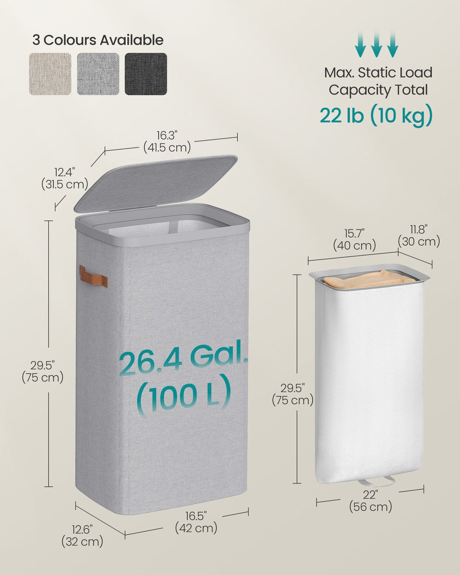 Laundry Basket – Fabric – Dove Grey – 100L Capacity with Lid and Removable Liner