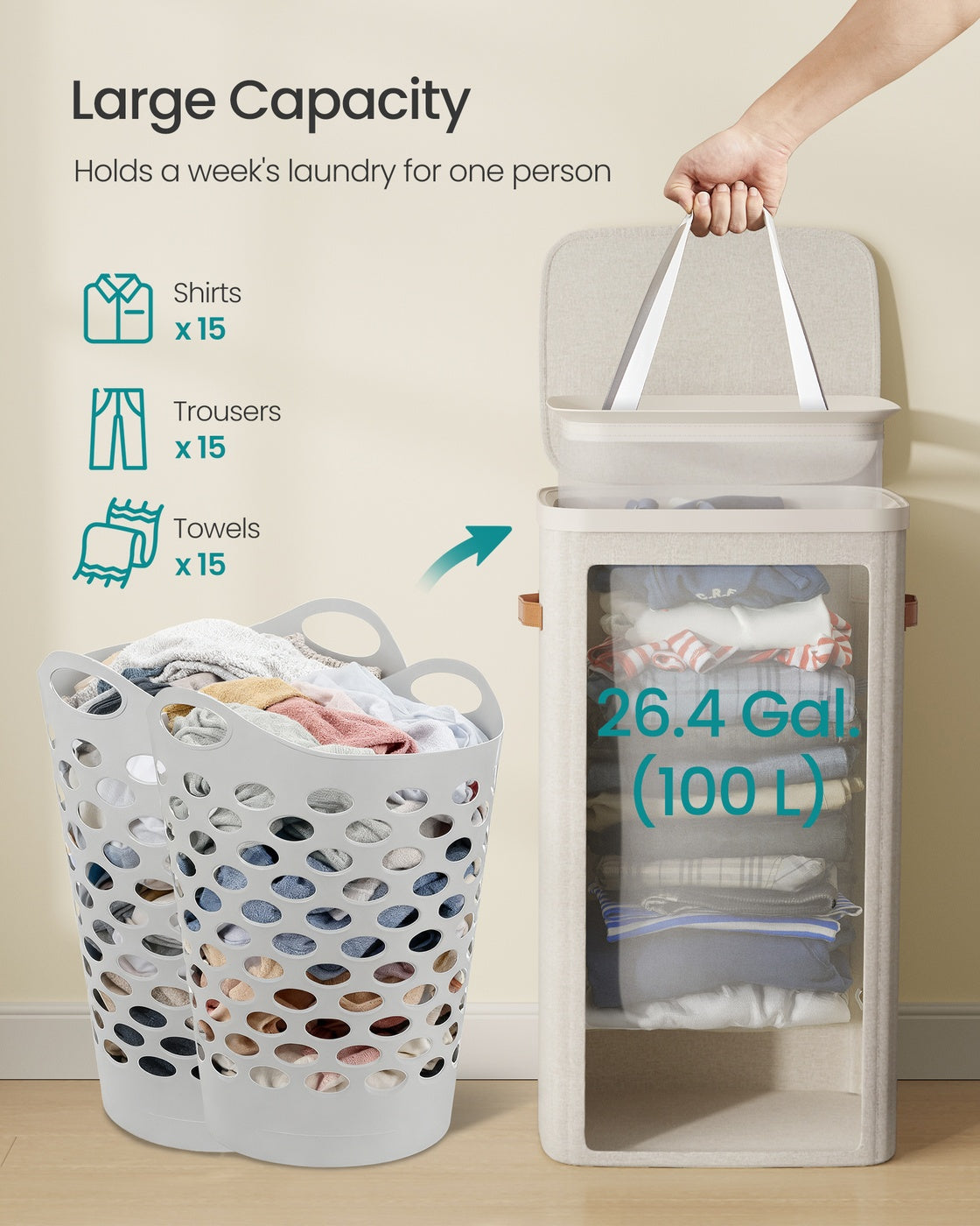 Laundry Basket – Fabric – Dove Grey – 100 L Capacity with Lid and Handles