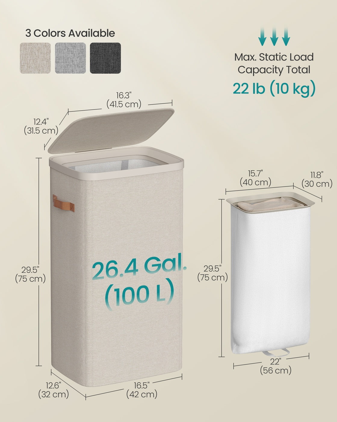 Laundry Basket – Fabric – Dove Grey – 100 L Capacity with Lid and Handles