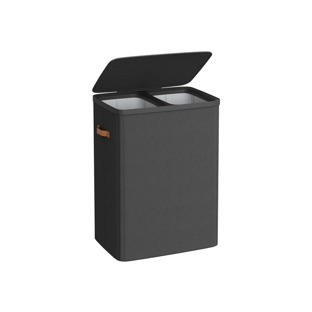 Laundry Basket – Polyester – Ink Black – Dual Compartment with Removable Liners and Lid
