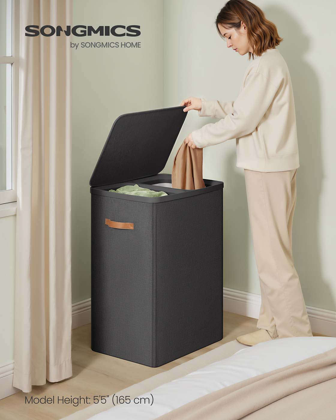 Laundry Basket – Polyester – Ink Black – Dual Compartment with Removable Liners and Lid