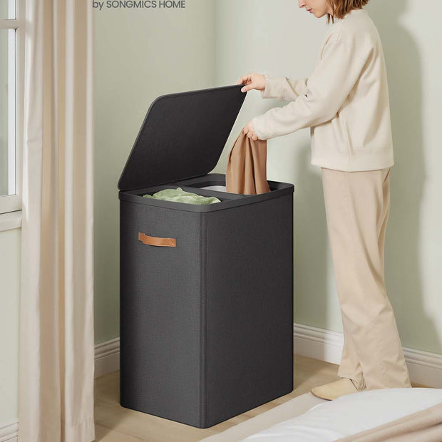 Laundry Basket – Polyester – Ink Black – Dual Compartment with Removable Liners and Lid
