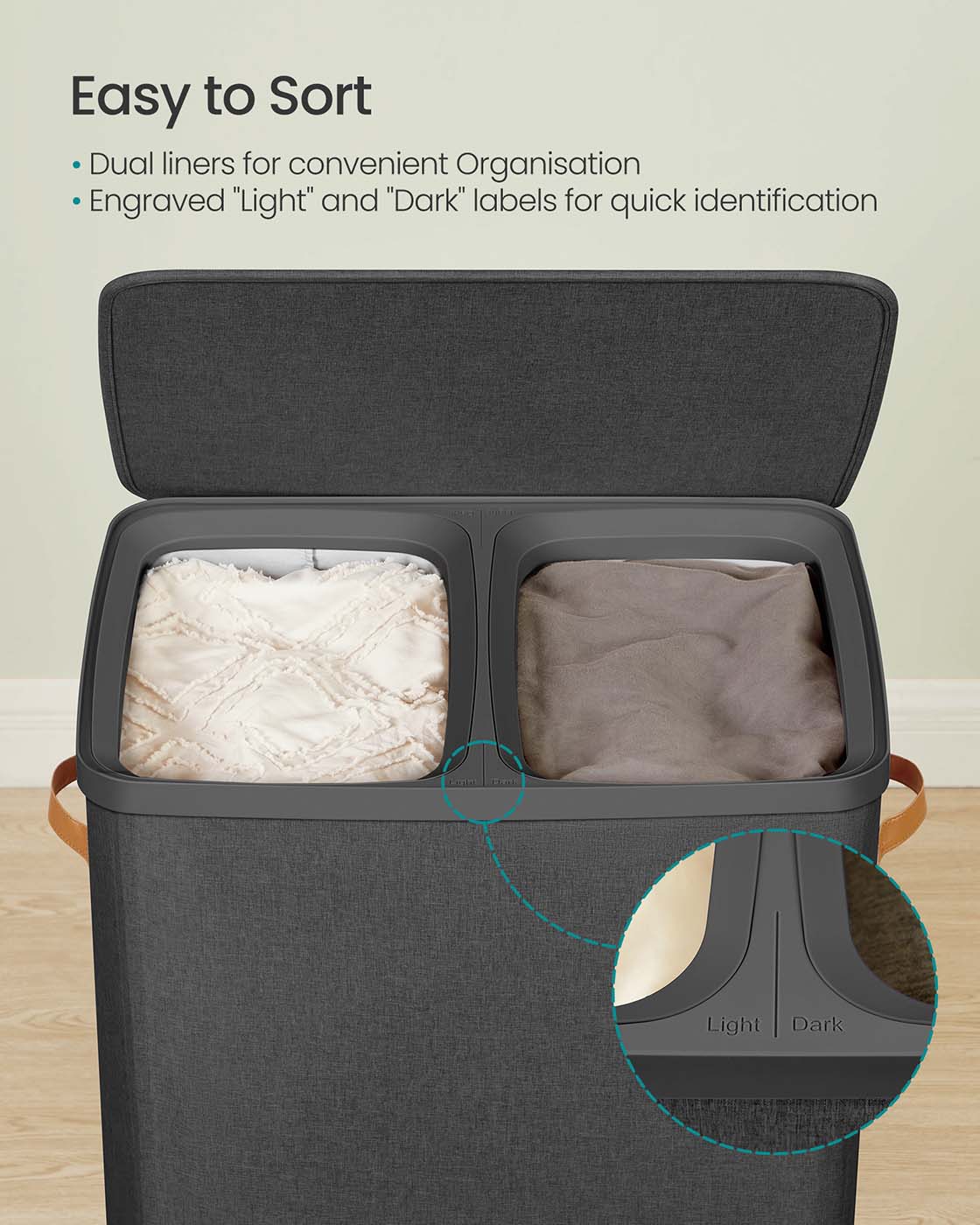 Laundry Basket – Polyester – Ink Black – Dual Compartment with Removable Liners and Lid