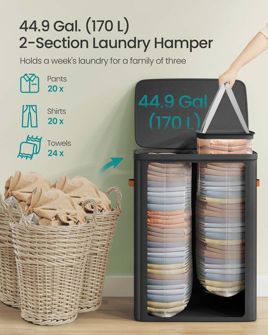 Laundry Basket – Polyester – Ink Black – Dual Compartment with Removable Liners and Lid