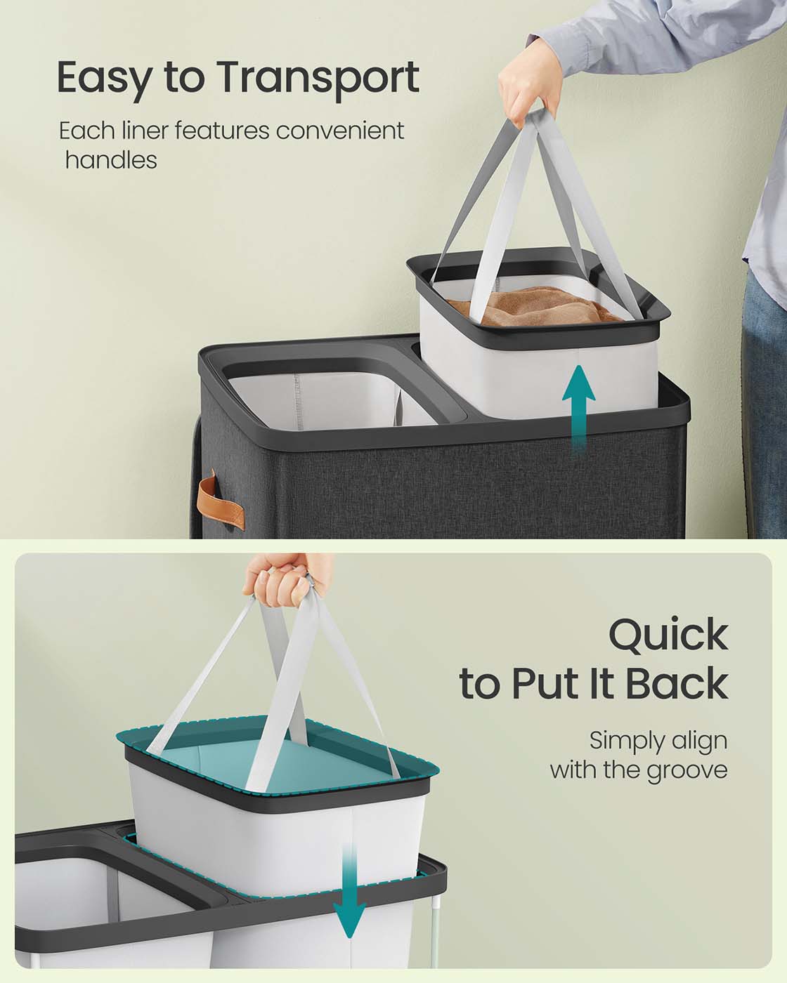 Laundry Basket – Polyester – Ink Black – Dual Compartment with Removable Liners and Lid